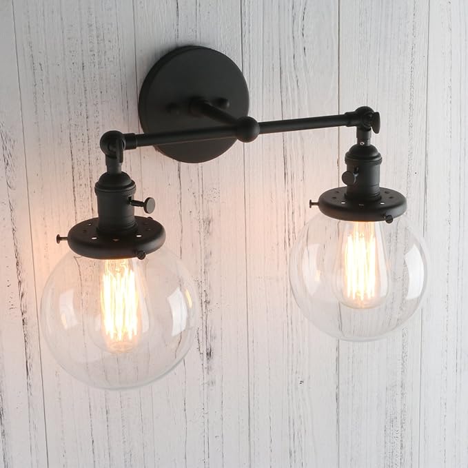 PERMO Double Sconce Vintage Industrial Antique 2 Lights Wall Sconces with Dual 5.9" Round Clear Glass Globe Shade (Black)