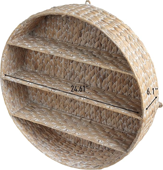 happimess WRK1000C Annulus 24.61" 3-Shelf Circular Handwoven Hyacinth Wall Rack, White Wash for Storage and Decoration in Bathroom, Bedroom, Living Room