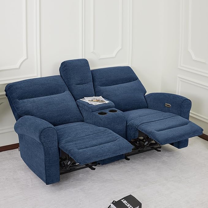 MCombo 78.3" Wall Hugger Power Loveseat Recliner Sofa with Console, Reclining Loveseat with USB Ports, Cup Holders, for Small Spaces Living Room RV, Fabric PR635M2 (Navy Blue)