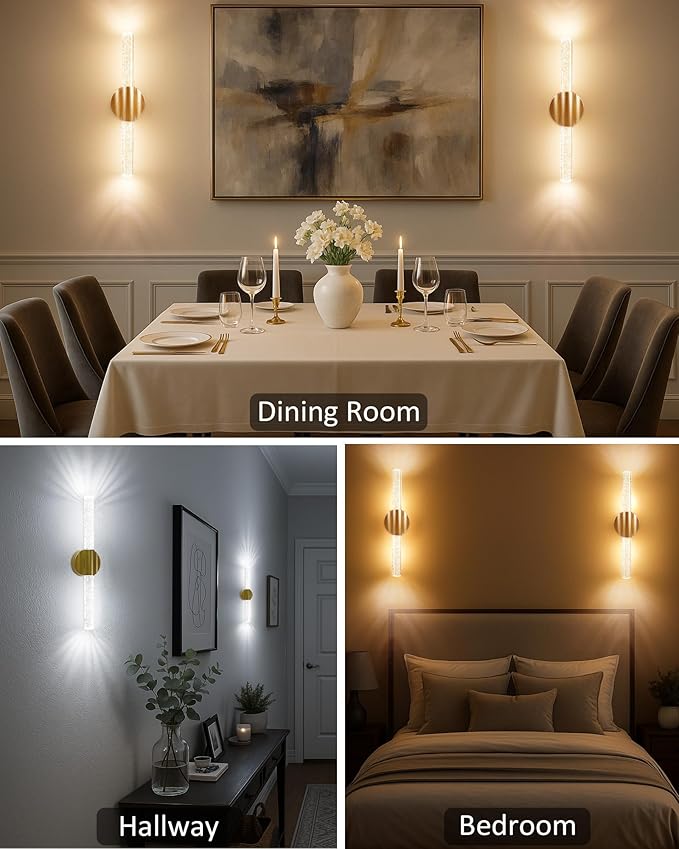 Peel and Stick on Wall Sconce set of 2, No Drill Gold Wireless Magnetic Battery Operated Wall Lights with Remote & Touch Control, Dimmable Cordless Wall Lamps for Bedroom Living Room Bathroom Decor