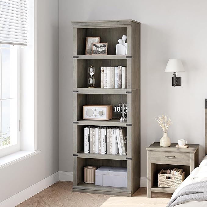 GarveeHome 5 Tier Farmhouse Bookcase, 67.4 in Tall Book Shelf with Storage, Wooden Bookshelves 5 Shelf Display Shelvesfor Home Office, Living Room, Bed Room (Grey, 67.4 in H x 24.4 in W x 12.8 in D)