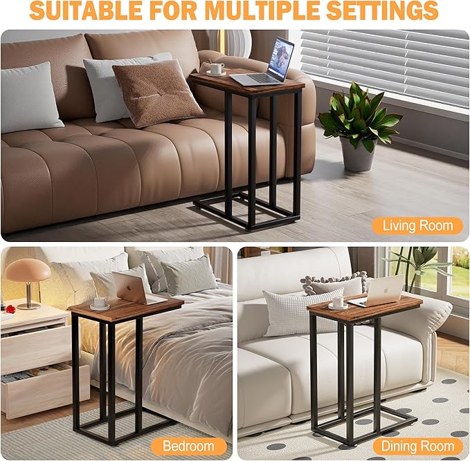 VECELO Universal C-Shaped Side Table, Multi-Functional Snack & TV Tray for Living Room, Bedroom, Brown (2 Set)