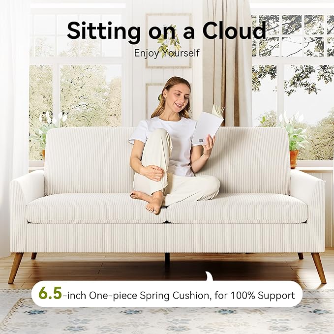 68" Loveseat Sofa, Comfy White Corduroy Couches for Living Room, Mid Century Modern Love Seat Sofa, Tool-Free Setup Small Couches for Bedroom Office