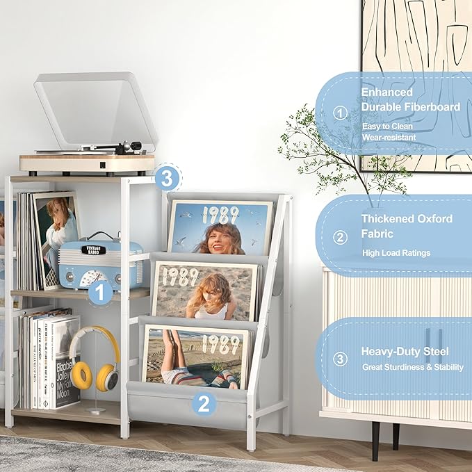 Record Player Stand with Vinyl Storage, Record Player Table with Record Storage 200 Albums, Turntable Stand with Record Holder Vinyl Display Shelf, Record Cabinet Media Stereo