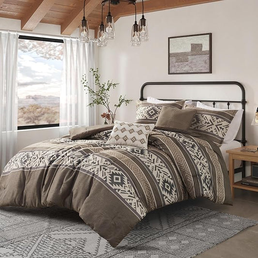 Madison Park Queen Comforter Set, Stripes Herringbone Southwestern Boho Comforters Queen Size, All Season Lightweight & Fluffy Microfiber Bed Set, 2 Décor Pillows, Mariposa, Full/Queen Brown 5 Piece
