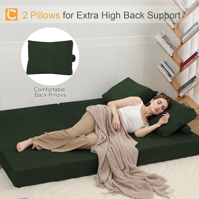 COMAX Futon Sofa Bed, Convertible Folding Sofa Bed, Boneless Couch Loveseat Corduroy with Pillows, Small Foldable Floor Couch Comfy Lounge Sleeper for Living Room Bedroom, Green