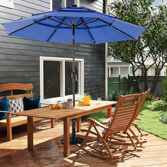 DUMOS 10FT 3 Tier Patio Umbrella with 32 LED Lights, Outdoor Patio Umbrella with Crank, Table Umbrellas 8 Sturdy Ribs for Pool, Market, Terrace, Beach, Outdoor Restaurant, Blue