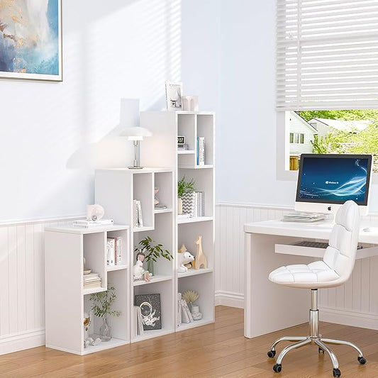 VECELO 3-Cube Bookcase, 2-Tier Customized Storage Display Shelf, Bookshelf with Height Difference Fits Tallest Hardcovers, Horizontal Available, Free Standing for Home Office, Pearl White