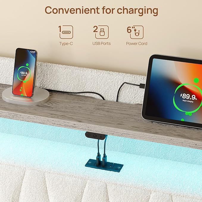 Rolanstar Queen Bed Frame with Drawers, Storage Headboard with Charging Station and LED Lights, Upholstered Bed with Heavy Duty Wood Slats, No Box Spring Needed, Noise Free, Easy Assembly, Beige