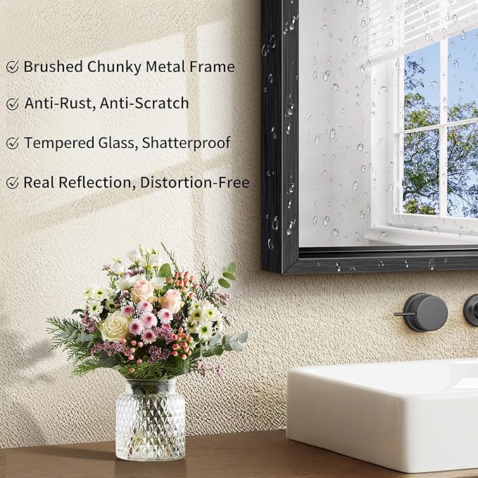 CIRCUMI 30"x36" Black Mirror with Chunky Box Metal Frame, Brushed Finish Rectangular Bathroom Mirrors for Over Sink, Living Room, Entryway, Tempered Glass Mirror for Wall, Vertical or Horizontal