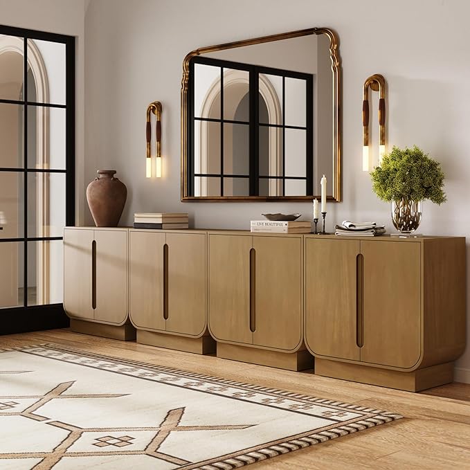 Nathan James Joey Mid Century Modern Storage Cabinet, Arched Accent Cabinet with Rounded Bottom Edges and Integrated Door Pull Cutouts, Light Brown Set of 4