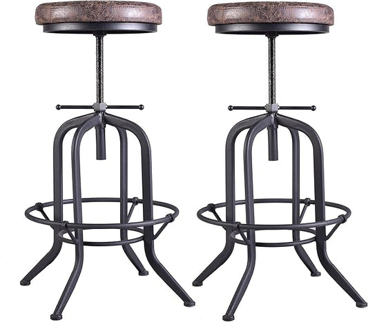 LOKKHAN Industrial Bar Stool, Set of 2, Rustic Swivel Leather Stool, Metal Pipe & Round PU Leather Cushion, Vintage Adjustable Height, 25.39-31.29 Inch, Black