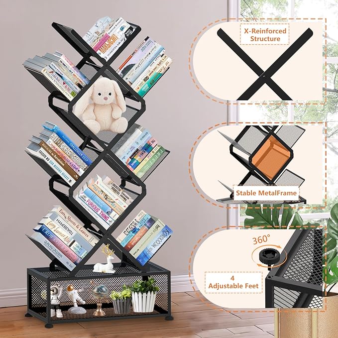 HI NINGER Tree Bookshelf,9 Tier Folding Bookshelf with Storage Cabinet, Tall Narrow Bookshelves Organizer,Bookcase Tower,Tall Floor Standing Book Organizer for Living Room/Bedroom/Home Office/Corner