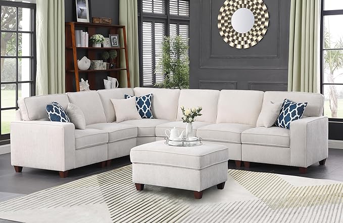 YOPTO 116" Convertible Sectional Couch with Movable Ottoman and 6 Throw Pillows,Chenille Upholstered Comfy Sofa 7 Seater,L-Shaped,Free Combination,Easy Assembly for Living Room,Apartment,Office,Beige