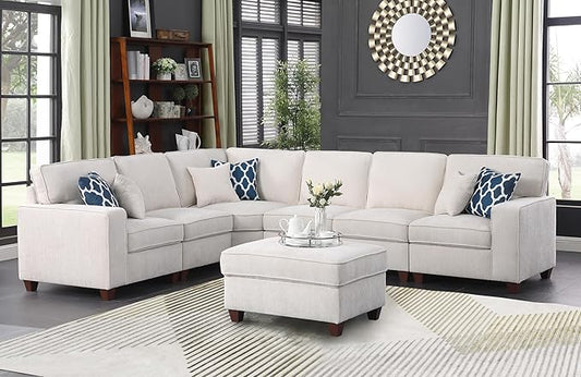 YOPTO 116" Convertible Sectional Couch with Movable Ottoman and 6 Throw Pillows,Chenille Upholstered Comfy Sofa 7 Seater,L-Shaped,Free Combination,Easy Assembly for Living Room,Apartment,Office,Beige