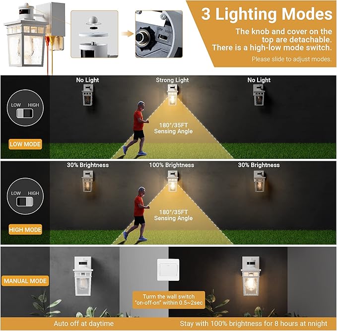 2 Pack Porch Light Outdoor with GFCI Outlet - 3 Lighting Modes Exterior Light Fixture, Dusk to Dawn Motion Sensor Wall Mount Outside Lights for House,Garage,Front Door, Patio
