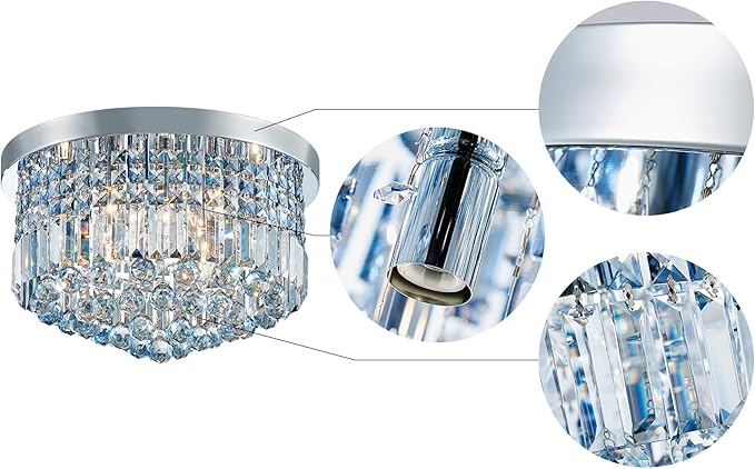 Saint Mossi 9 Light Modern K9 Crystal Chandelier Lighting, Flush Mount, Perfect for Dining Room, Bathroom, Bedroom, E12 Bulb Base; Height 11" x Diameter 20"; Lake Blue Crystal & Chrome Finish