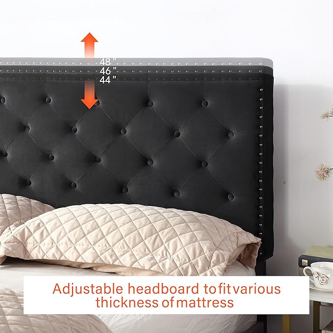 Full Upholstered Platform Bed Frame with 48" Tall Adjustable Headboard - Button Tufted Suede Velour Bed- Wood Slat Support with Storage Space- No Box Spring Needed - Black - OLIVER & SMITH - Princeton