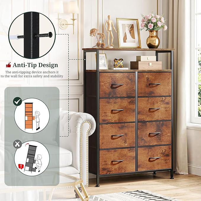 8 Drawers Dresser with Open Shelf, 46" Tall Storage Organizer Chest of Drawer with Wooden Top, Sturdy Metal Frame for Bedroom, Hallway, Living Room, Brown