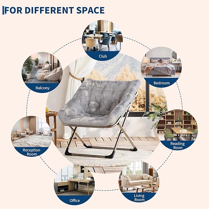 Folding Saucer Chair for Adults, Comfortable Living Room Lounge Chair with Soft Faux Fur Cushion, No Assembly Required, Foldable Accent Furniture for Apartments/Dorms/Bedrooms, Grey