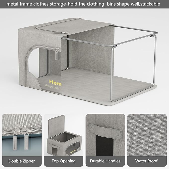 3 Packs Storage Boxes for Clothes Collapsible Storage Bins with Cedar Wood Piece, Linen with Metal Supports and Durable Handles Metal Storage box,Clear Window with Zippers (Light Grey,36L)
