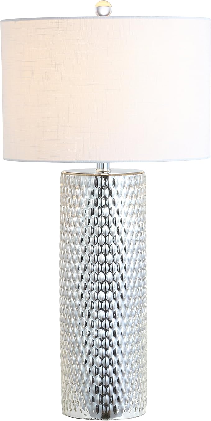 JONATHAN Y 30" Silver Isabella Studded Glass Table Lamp, Contemporary Glam Silver Leaf Base with White Linen Drum Shade for Bedroom Living Room, LED Bulb Included JYL1013A