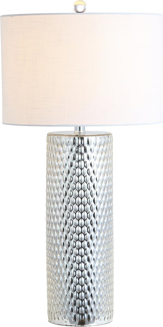JONATHAN Y 30" Silver Isabella Studded Glass Table Lamp, Contemporary Glam Silver Leaf Base with White Linen Drum Shade for Bedroom Living Room, LED Bulb Included JYL1013A