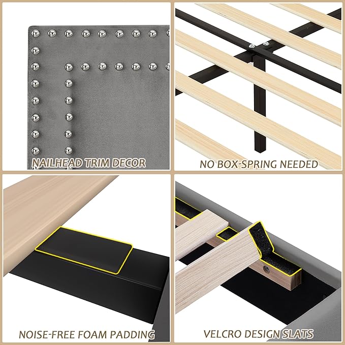 VECELO Queen Size Bed Frame with Adjustable Upholstered Headboard, Wooden Slats Platform, Noise-Free Design, No Box Spring Needed, Easy Assembly