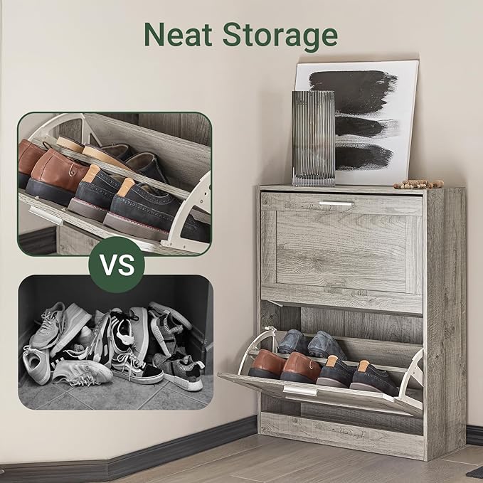 Haotian Enclosed Shoe Rack for Entryway, Narrow Shoe Cabinet with 2 Flip Drawers, Slim Shoe Storage Organizer for Hallway or Small Spaces, Grey, FSR137-HG