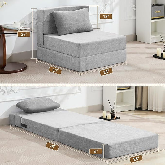 WUTUTUEE Folding Sofa Bed Convertible Floor Couch Foldable Chair Bed with Pillow，Linen Sleeper Chair Futon,Foldable Memory Foam Mattress for Bedroom/Living Room/Dorm/Office (Light Grey, Single)