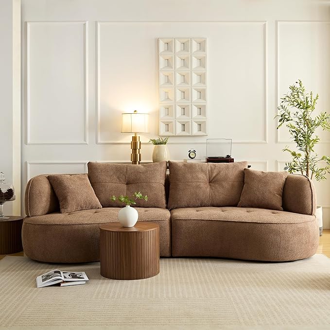 109" Sectional Curved Sofa, Boucle Fabric Upholstered Modern Couch, Oversized 3 Seater Minimalist Comfy Modular Deep Seat Sofas Set for Living Room, Home Office, Bedroom, Apartment, Camel