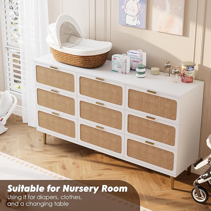 GarveeHome Rattan 9 Drawer Dressers for Bedroom, Tall Dresser with Deep Drawers, Large Chest of Drawers for Closet with Wide Top, Long Wooden Dresser for Living Room, Hallway, Kids Room, White