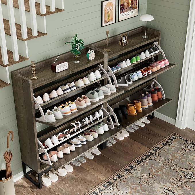 Shoe Cabinet, Shoe Storage Cabinet with 2 Flip Drawers & Adjustable Shelf, Space-Saving Shoe Organizer – Holds 16+ Pairs, Narrow Shoe Cabinet Storage for Entryway/Hallway（Grey）
