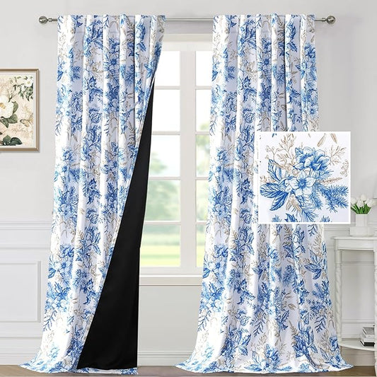 H.VERSAILTEX 100% Blackout Curtains 108 inch Length 2 Panels Vintage Floral Printed Drapes Back Tab/Rod Pocket Thermal Panels for Bedroom with Black Liner Light Blocking Curtains, Blue and Wheat
