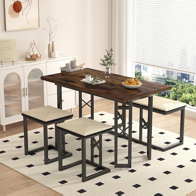VECELO 43.3" Kitchen & Dining Table Set for 4, Rustic Farmhouse Style with 3 Benches and Wicker Cushions, Compact Metal Frame with Adjustable Foot Pads, Brown