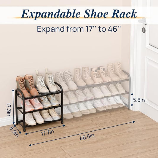 ENJOYBASICS Expandable Shoe Rack, 46.5'' Wide - 20 Pairs Adjustable Shoe Organizer Shelf for Closet, 3-Tier Black Metal Free Standing Shoe Rack Storage for Small Space, Entryway