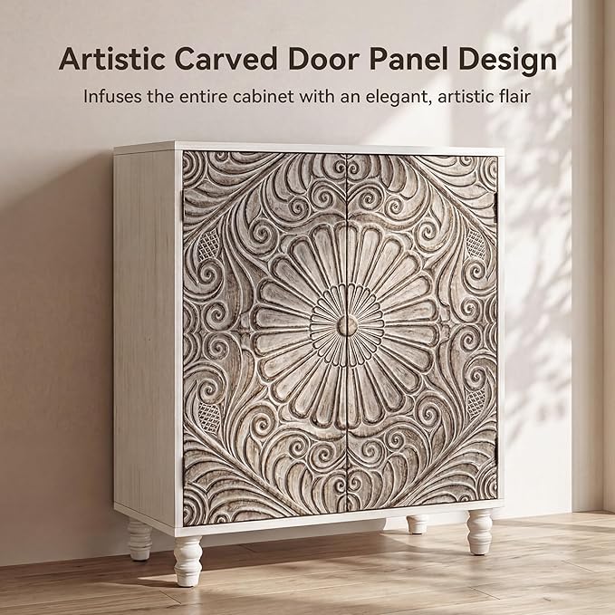 COSIEST Set of 3 32" Buffet Sideboard Cabinets with Storage, Accent Cabinet with Push-to-Open Doors, Vintage Flower Carved Pinewood Doors, Entryway Console for Living Room, Kitchen, Hallway, Gray