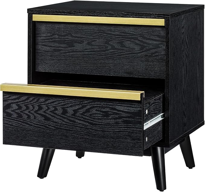 SANGO Cortland 2-Drawer Nightstand, Modern Black Wood Bedside Table with Brass Handle, Wooden Legs, Sleek Mid-Century Design, Elegant Storage for Contemporary Homes