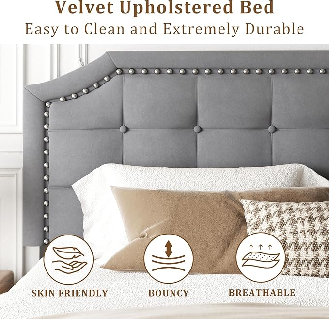 Full Size Bed Frame, Full Size Platform Bed Frame with Upholstered Button Tufted Headboard, Strong Wood Slats, No Box Spring Needed, Mattress Foundation, Easy Assembly Grey