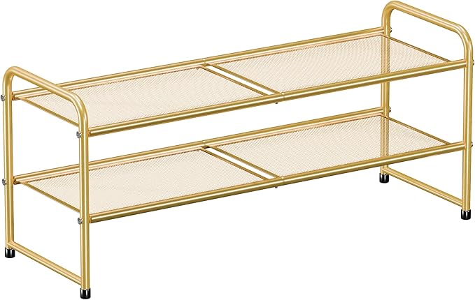 SUFAUY 2 Tier 33" Wide Shoe Rack Closet Metal Mesh, Stackable, Gold