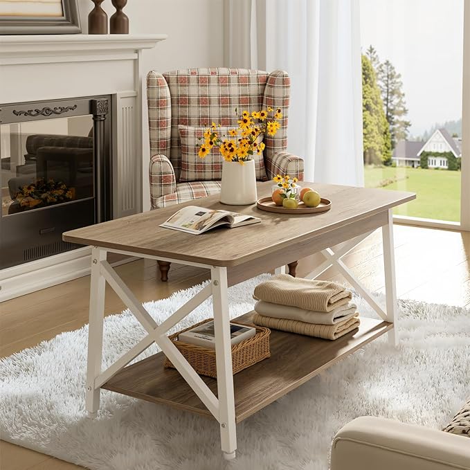 GreenForest Farmhouse Coffee Table with Round Corner, 39.4'' Living Room Table with 2 Tier Storage Shelves, X-Frame Sturdy Center Table Space Saving Easy Assembly, Gray Wash