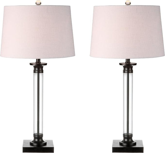 JONATHAN Y 30" Black/Clear Glass and Metal Column Table Lamp Set of 2 for Living Room Bedroom, Traditional Iron Base with White Linen Drum Shade, LED Bulbs Included JYL1008A-SET2