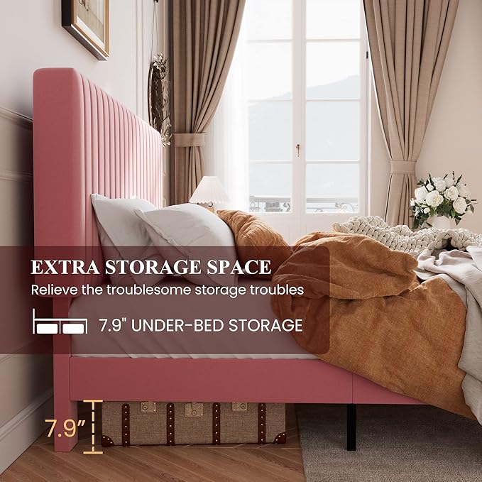 SHA CERLIN Full Upholstered Platform Bed Frame with Adjustable Headboard/Vertical Channel Tufted Velvet Fabric/Wooden Slats Support/Mattress Foundation/Box Spring Optional/Pink