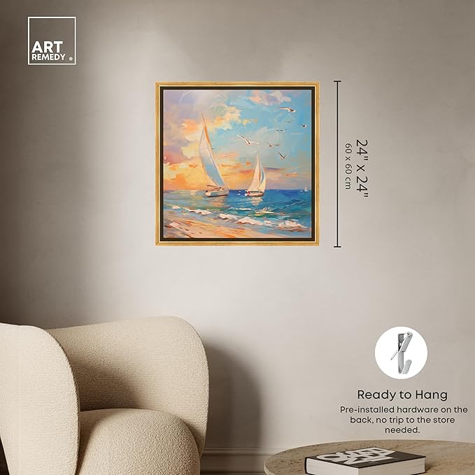 Art Remedy Sailboats In The Sunset Framed Sailing 1 Piece Canvas Wall Art, 25.5" x 25.5", Gold Frame