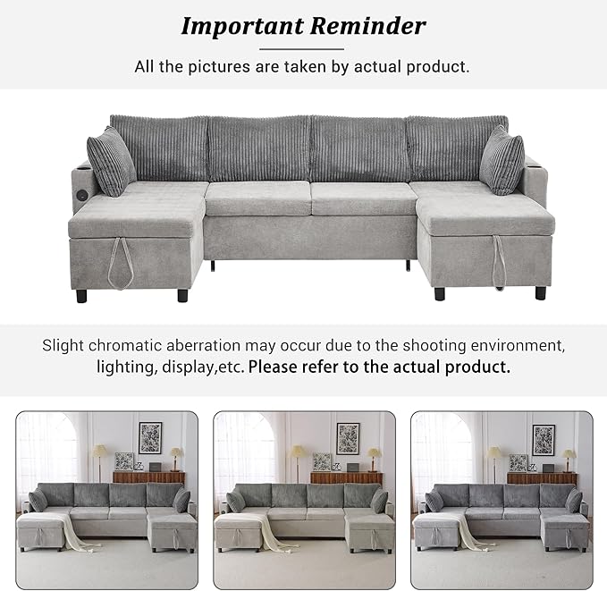 ERYE 113-Inch U-Shaped Pull Out Sleeper Couch Bed, Modern U Shaped Symmetrical Sleeper Sectional Sofa Convertible Sofa Bed with Storage Chaises & USB-C Ports for Living Room