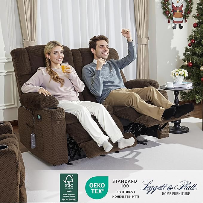 MCombo 57" Reclining Loveseat with Heat and Massage, Zero Gravity Recliner Loveseat Sofa with Dual USB Charging Ports for Living Room, Fabric 6314 (Brown)