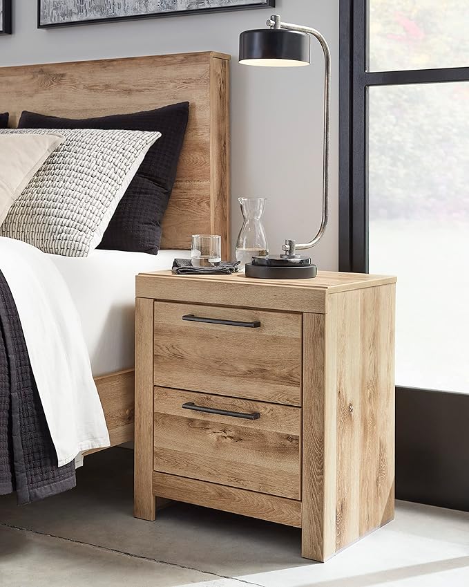 Signature Design by Ashley Hyanna Rustic Contemporary 2 Drawer Nightstand with 2 USB Charging Ports, Wood, 24.37" High, Light Golden Brown Finish