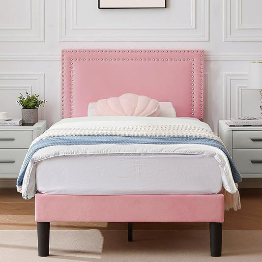 Twin Size Platform Bed Frame with Height Adjustable Upholstered Headboard, Modern Mattress Foundation,Strong Wood Slat Support, No Box Spring Needed, Easy Assembly