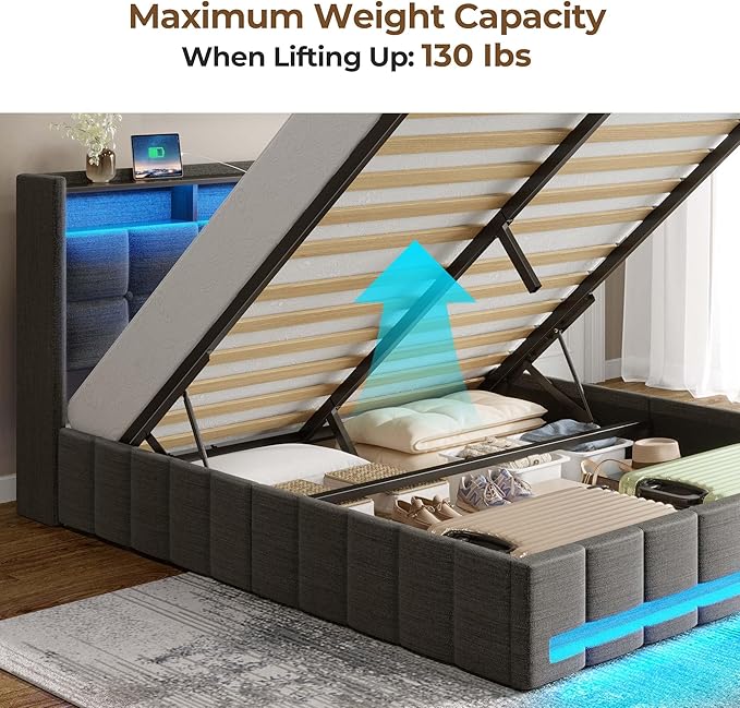 Rolanstar Bed Frame Queen Size with Lift Up Storage, Charging Station & LED Lights, Upholstered Storage Headboard, Heavy Duty Wooden Slats, No Box Spring Needed, Noise Free, Easy Assembly, Dark Grey