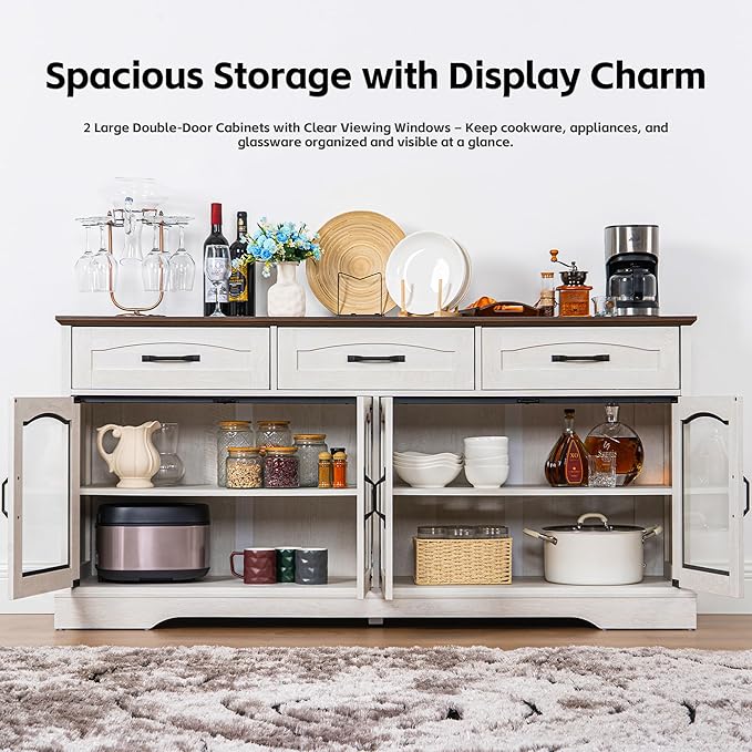 66" Large Buffet Cabinet Sideboard, 4 Doors and 3 Drawers, Farmhouse Coffee Bar Cabinet with Patterned Glass Door, Adjustable Shelve, 66W x 15.8D x 31.9H (Glass Door, White Walnut Grain)